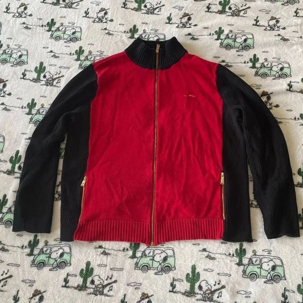 Lauren Ralph Lauren colorblock red black collar zip ribbed cardigan sweater